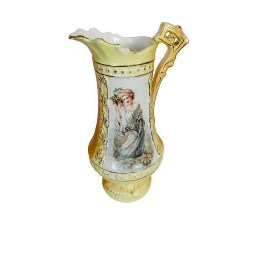 Vintage Porcelain Pitcher Transferware & Hand Painted‎ Woman Floral 8.5"
